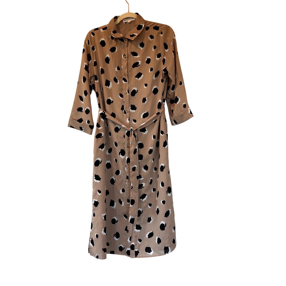 Downeast Tan Black Abstract Print Button Front Midi Shirt Dress Pockets Size M